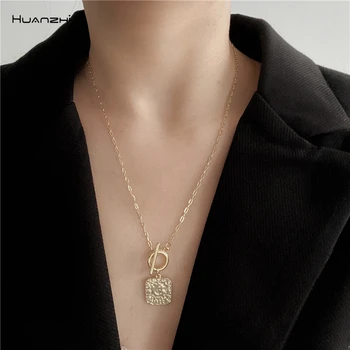 

HUANZHI 2020 NEW Fashion Vintage Elegant Square Pendant OT Buckle Digital Abstract Pattern Necklace For Women Party Jewelry