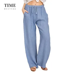 Pantalon élégant en coton et lin pour femmes, ample, décontracté, couleur unie, sarouel, taille élastique, Design uni, survêtement, grande taille 