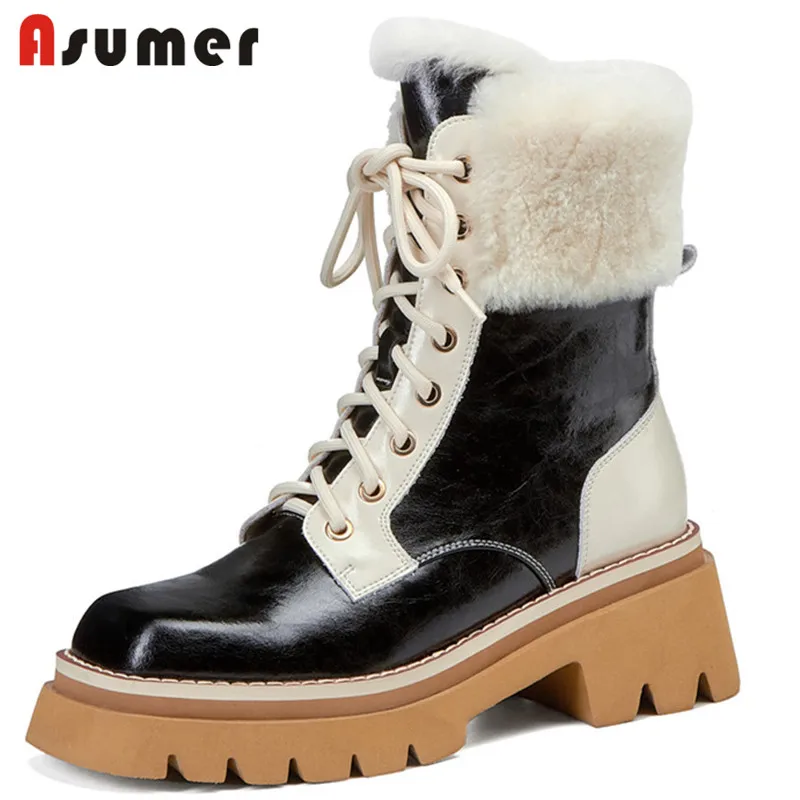 

ASUMER 2022 Thick Bottom Winter Genuine Leather Shoes Women Snow Boots Cross Tied Zip Mixed Colors Fashion Ankle Boots Women