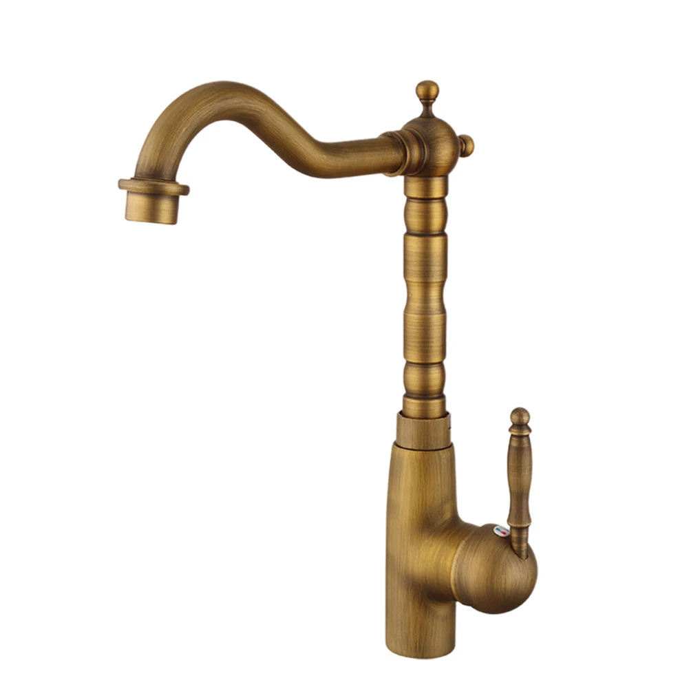 

Retro Style Single Handle Taps Hot Cold Water Copper Rotatable Home Spout Mixer Countertop Curved Kitchen Basin Faucet Bathroom