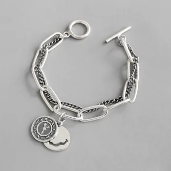 

S925 sterling silver bracelet retro clock smiley face tag chain lovers bracelet personalized silver double chain jewelry