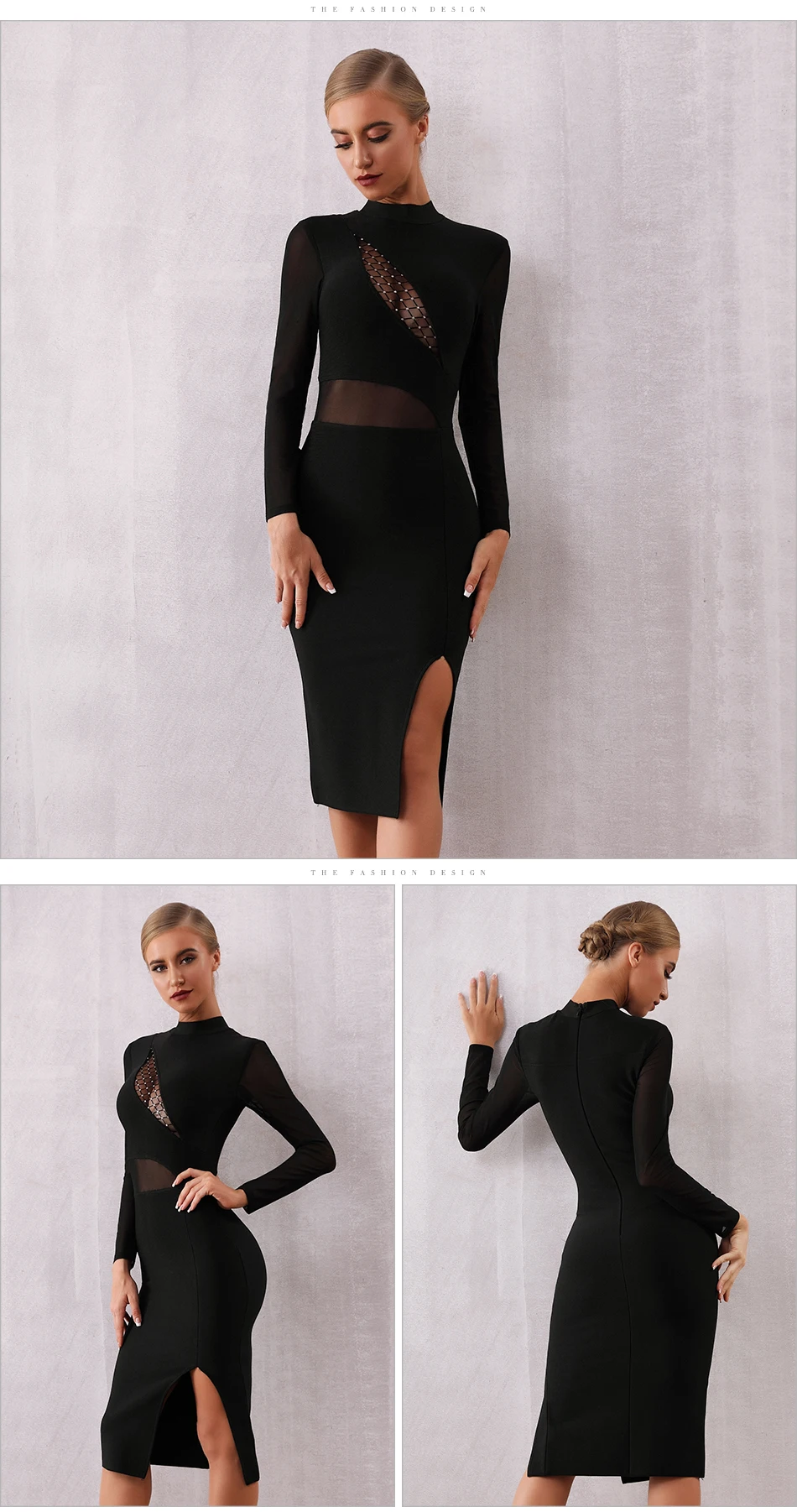 O-neck Long Sleeve Hollow Out Bandage Black Dress