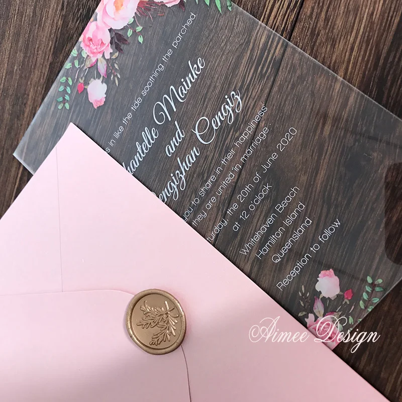  Clear acrylic wedding invitation with beautiful flower design，custom wax stamp  foil print logo env - 4000320657890