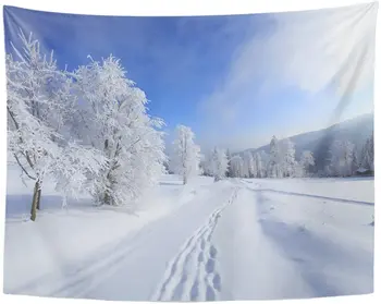 

Tapestry Blue Christmas Winter Landscape with Snow Nature Tapestries Wall Hanging for Living Room Bedroom Dorm