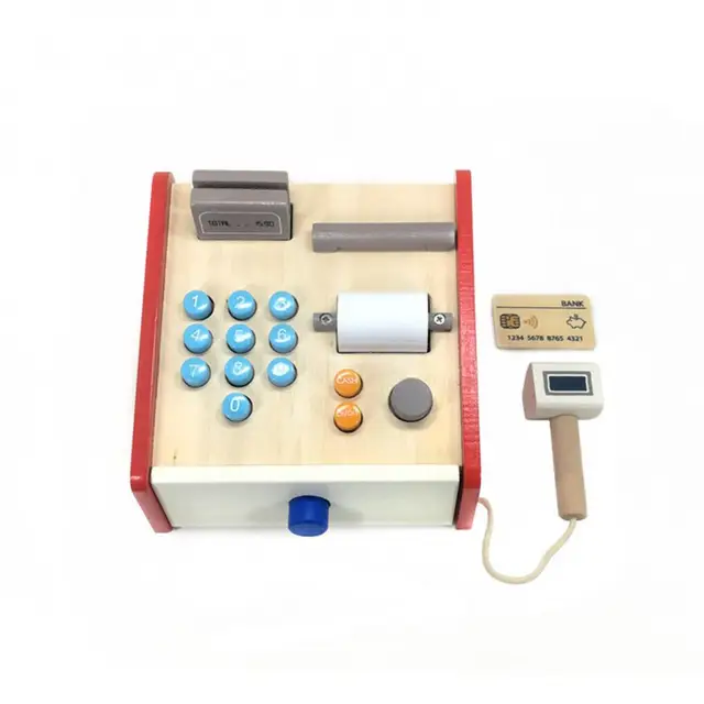 New Cute Kids  Money Banking Pretend Play Wooden Simulation Market Cash Register Children Play House Toys Gift Set 4