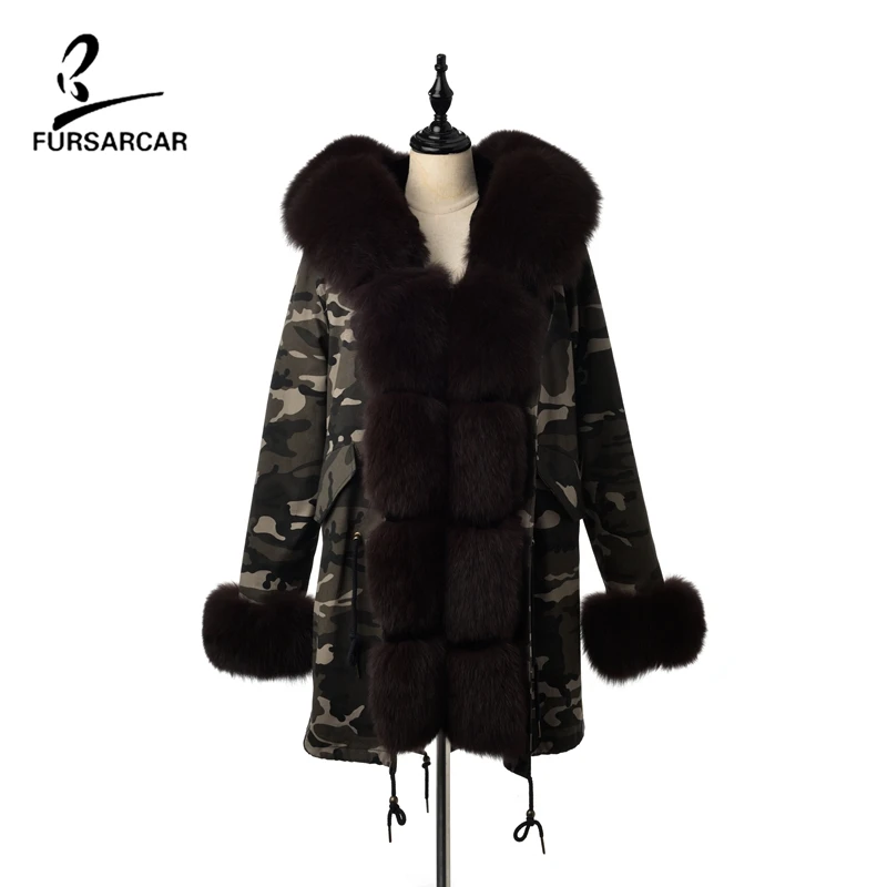 Camouflage Мех Sarcar Зима Новая женская подкладка из натурального кроличьего меха парка пальто женские куртки и пальто с воротником из лисьего меха капюшон толстые пальто - Цвет: Camouflage