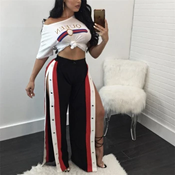 

Women Cut off Split Side Striped Long Pants Fashion Buttons Wide Leg Jogger Pants Fashion Hot Casual Trousers