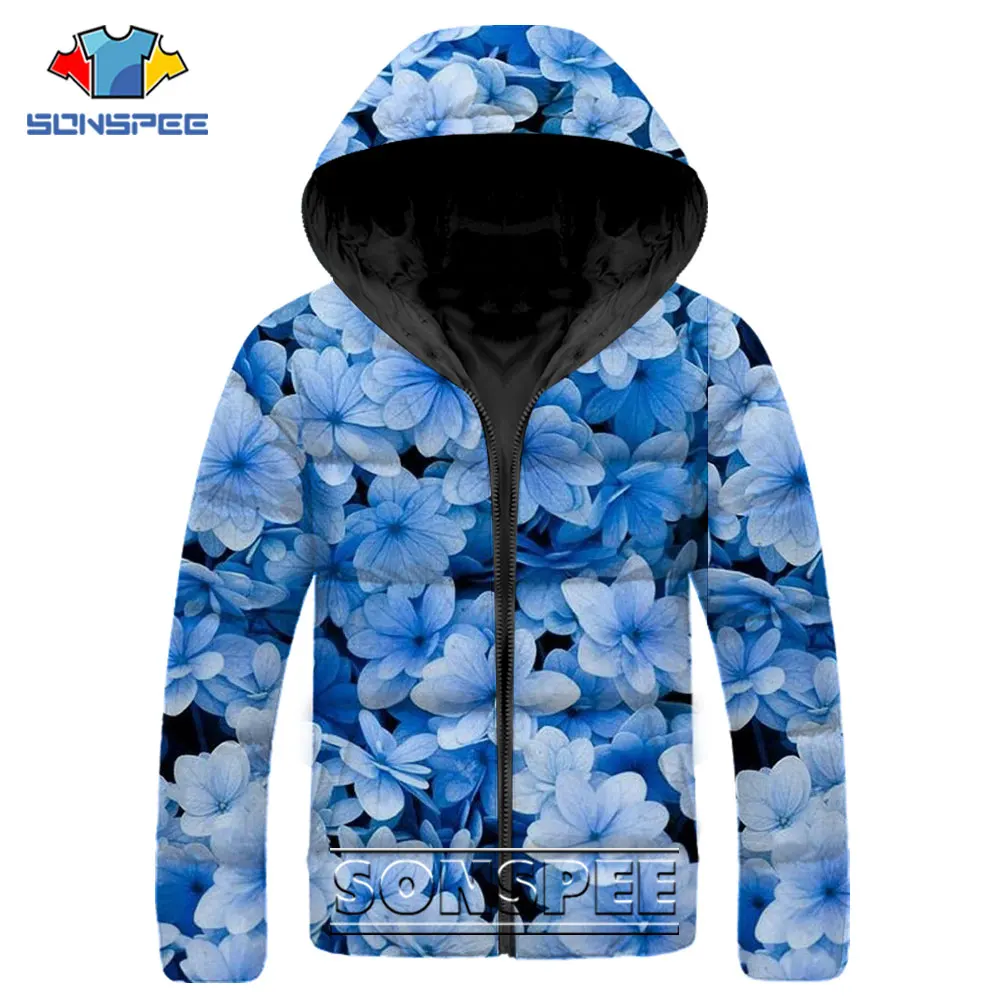 SONSPEE Casual Hip Hop Parkas 3D Print Fashion Flower Sunflower Rose Graphics Down Jacket Winter Keep Warm Streetwear Coats