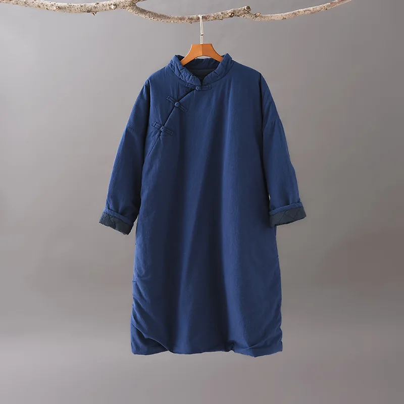 Женское платье в китайском стиле, плотное хлопковое льняное платье со стоячим длинным рукавом, теплое, зима, новое, свободное, одноцветное, женское платье - Цвет: Navy blue