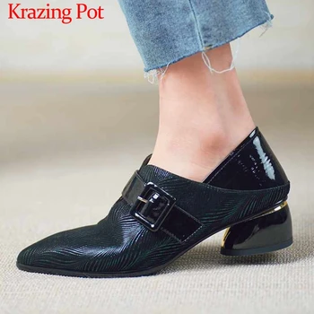 

Krazing Pot big size print genuine leather leisure shoes fashion buckle straps pointed toe med heels streetwear women pumps L7f3