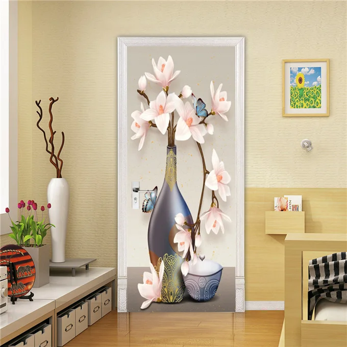 Adesivo Murale 3D Per Porta Con Rose - Autoadesivo Rimovibile PVC - Decorazione Camera Da Letto/Soggiorno - 90x200 Cm