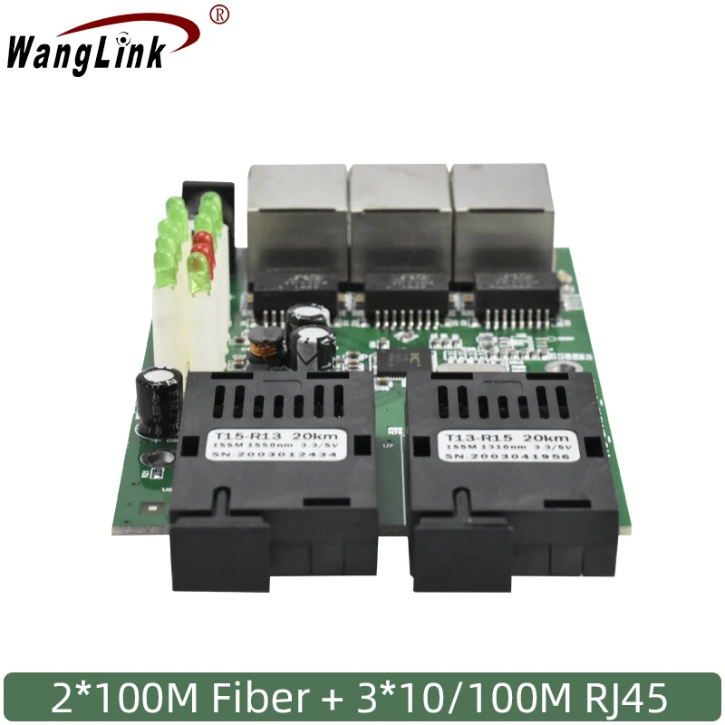 

Wanglink 10/100M ethernet fast fiber optic media converter 3 RJ45 single mode and 2 SC Fiber pcba