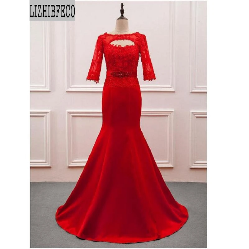 

Red /Ruby Satin Lace Appliques Beading 3/4 Sleeves Floor-length Mermaid/ Trumpet Mother of the bride dress Custom made