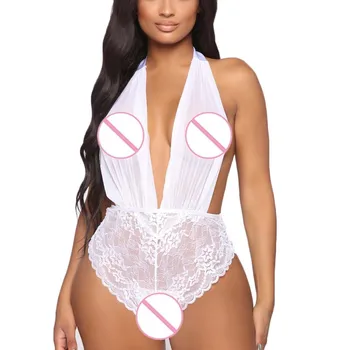 

Hot Transparent Lace Sexy Kigurumi Jumpsuit Bodysuits Lingerie Women Sexy Lace V-Neck Jumpsuit Nightwear lace bodysuit #C