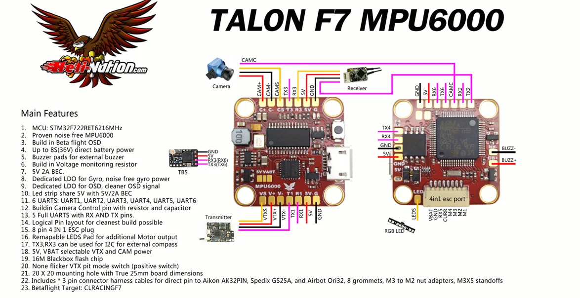 Высокое качество Heli-Nation Ta lon F7 F722 обновление 8S 5 V/2A BEC 20*20 мм Контроллер полета MPU6000/плавкие DIY аксессуары