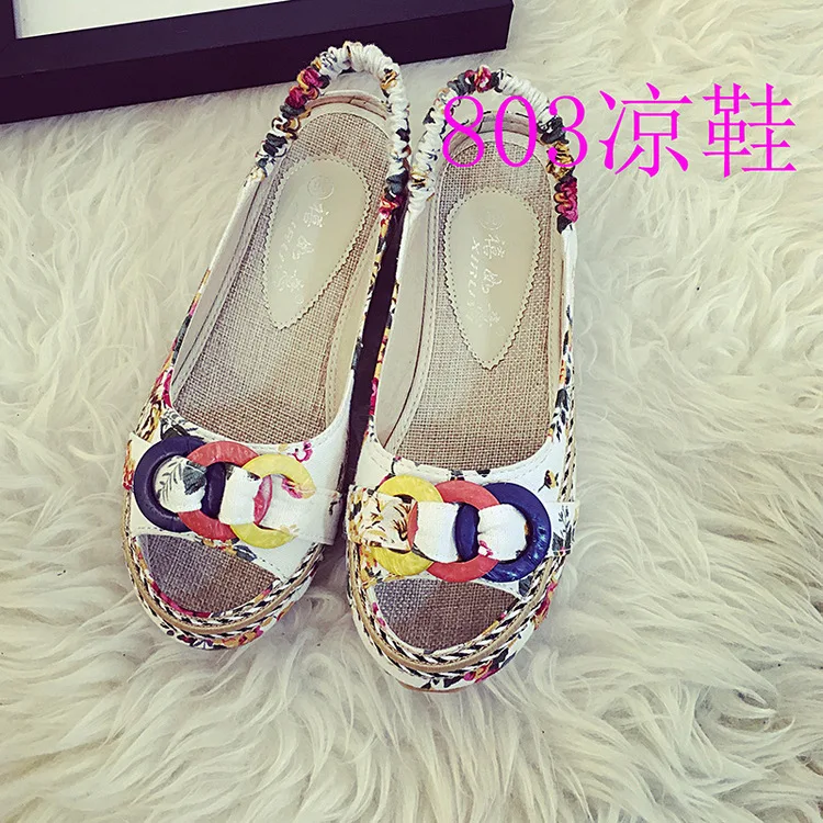 

2018 New Style Jubilee Good Luck Printed Ethnic-Style Open-Toe Cloth Cool Shoes Lace-up Shoes Flat Casual Low-Cut WOMEN'S Shoes
