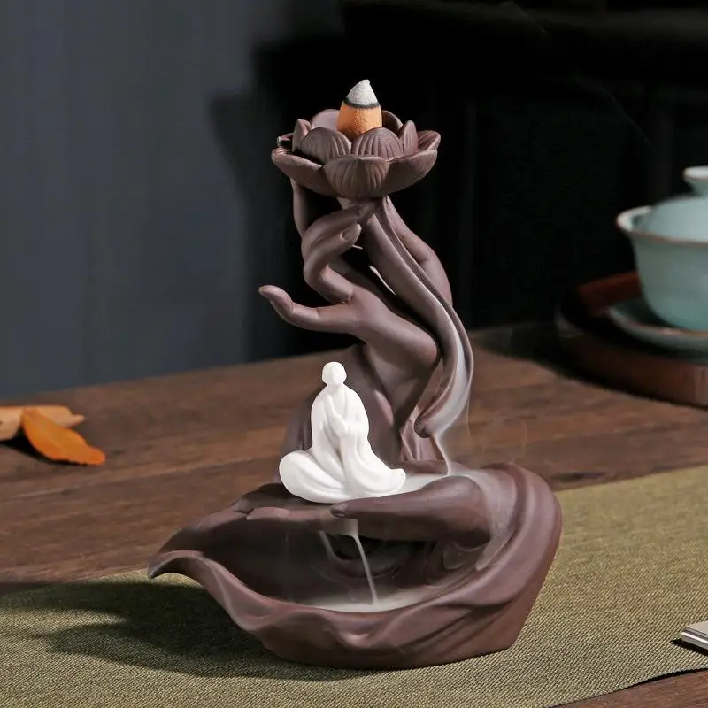 Backflow Incense Burner Buddha Hand Purple Sand Cermaic Incent Holder Smoke Waterfall Incense Sticks Holder Wierook Waterval