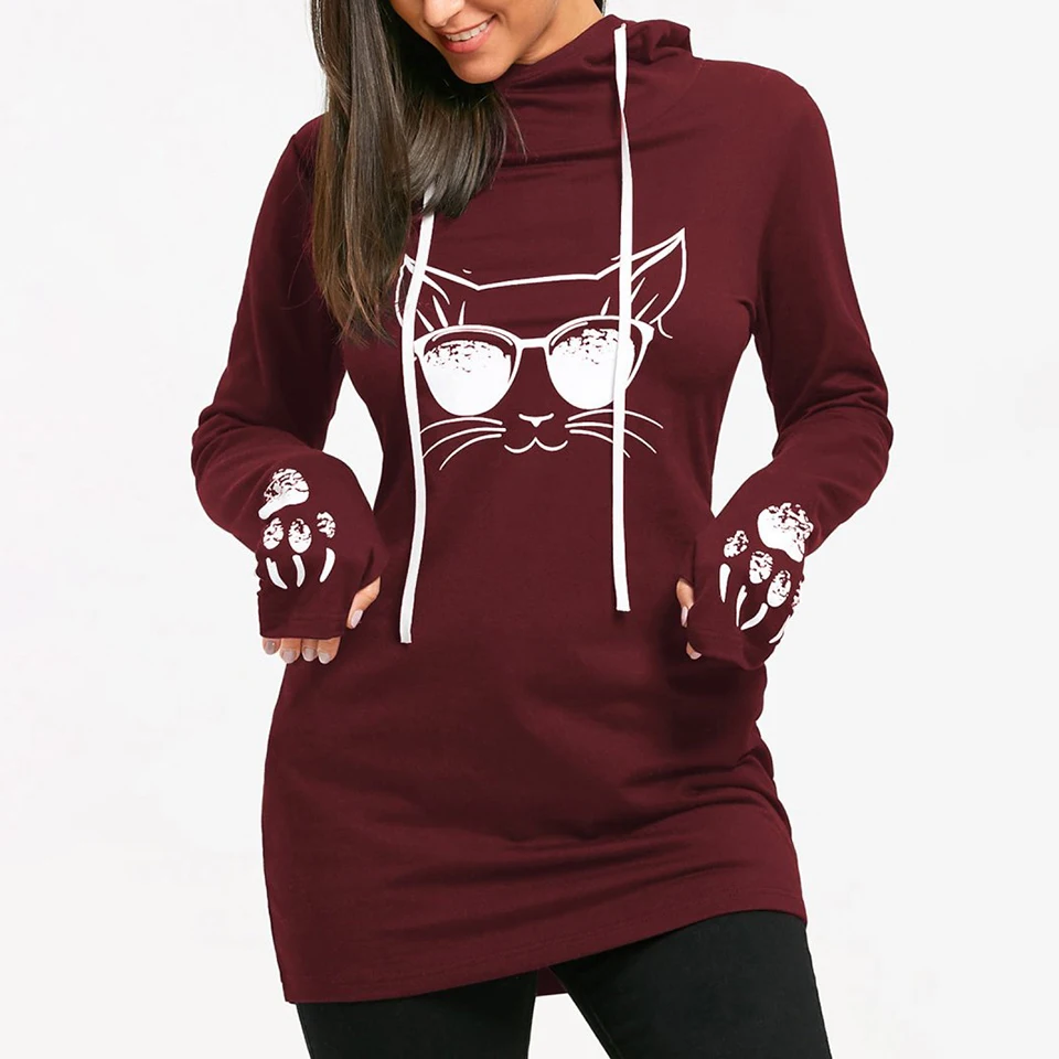  2019 Women Hoodies Long sleeve Sweatshirt Cool Gothic Cat Print Slim Fit Casual Pullover Female Plu