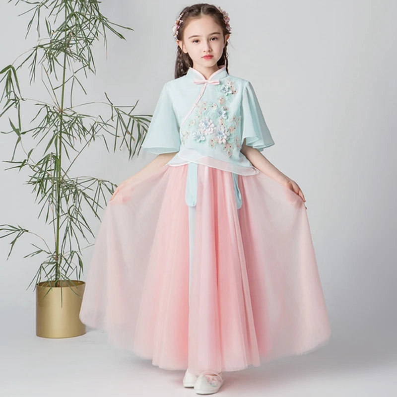 Hanfu/платье принцессы с вышивкой в китайском стиле; новое летнее платье с рукавами для девочек; повседневная одежда Феи в стиле ретро для девочек