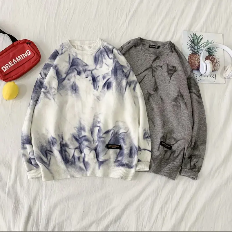 

Casual Mens Streetwear Harajuku Knitted Sweater Chinese Landscape Autumn Sweater Pullover Loose HipHop Retro Vintage Cotton Ne