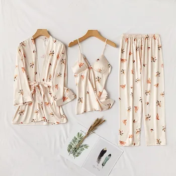 

Women Nightwear Casual Sleepwear Kimono Bathrobe Gown Print Flower Nightgown Home Clothing Spring Summer New Sexy 3PCS Set