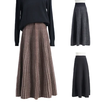 

Fashion Women Pleated Long Skirts Elegant Ladies Autumn Knitted Reversible Maxi Skirts A Line High Waist Elastic Skirts Muslim