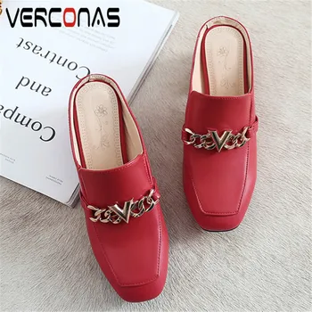 

VERCONAS 2020 Fashion Woman Sandals Summer Woman Pumps PU Metal Decoration Chains Mules Square Toe Square High Heels Shoes Woman