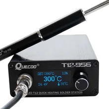 T12-956 di QUECOO che salda il saldatore elettronico OLED della stazione digitale a 1.3 pollici con la maniglia nera M8 e le punte del saldatore T12