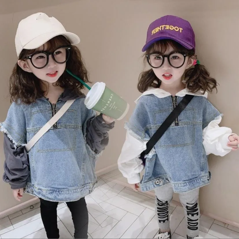 

Girl spring autumn new denim patchwork jackets 2021 casual children hooded coats kids denim outerwear wz429