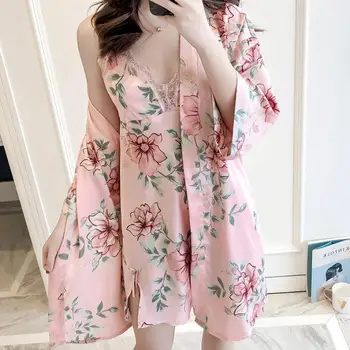 

Women Summer New Twinset Robe Set Sexy Lace Nighty&Robe Set Stain Silky 2PCS Sleepwear Female Kimono Gown Loose Home Clothes