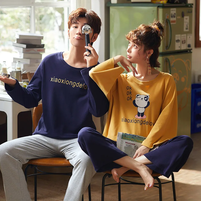 

2573 # Lettered Panda Yellow Blue Jyr Pullover Pure Cotton Couples Long Sleeve Pajamas Homewear Set