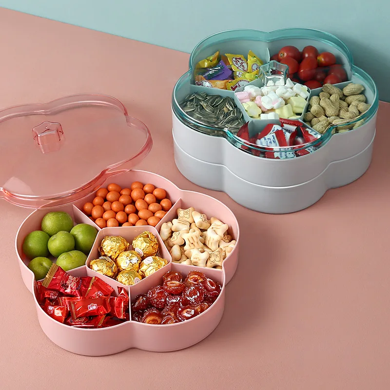 Candy and Nut Serving Container, Appetizer Tray with Lid, 6 Compartment  Round Plastic Food Storage Lunch Organizer Dish Platter