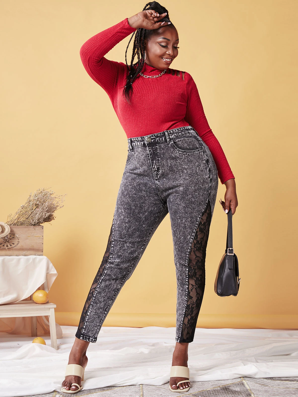 Plus Size Lace Panel Acid Wash Jeans Fashion High Waist Lace Jeans Zipper Fly Pants Women 3XL 5XL skinny jeans