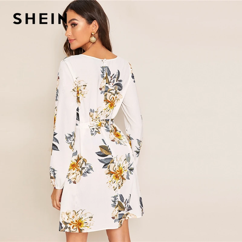 SHEIN белое платье с цветочным принтом и вырезом на спине, с поясом, женское осеннее однотонное платье с круглым вырезом и длинными рукавами, туника, короткие платья в стиле бохо