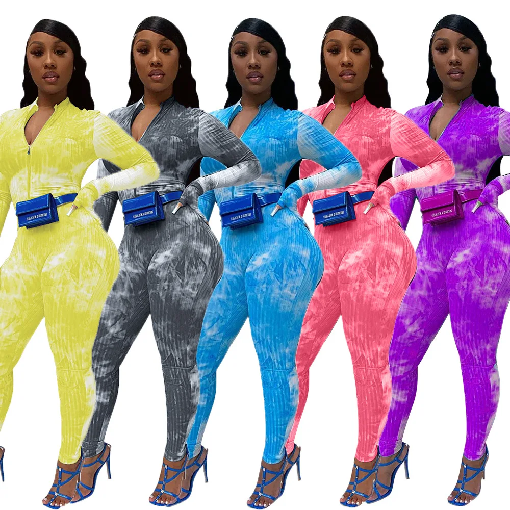 

Women Tie-dye Jumpsuit 2020 Sexy Long Sleeve with Half Finger Gloves Stand-up Collar Spring Clothing Stretch Tracksuit Rompers