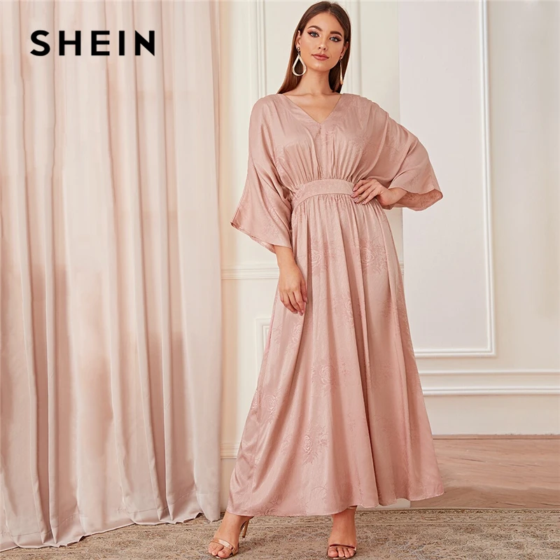 SHEIN abaya/розовое платье с рукавами «летучая мышь» с цветочным принтом, скромное платье макси, женское весенне-осеннее однотонное платье с v-образным вырезом, ТРАПЕЦИЕВИДНОЕ элегантное платье с высокой талией