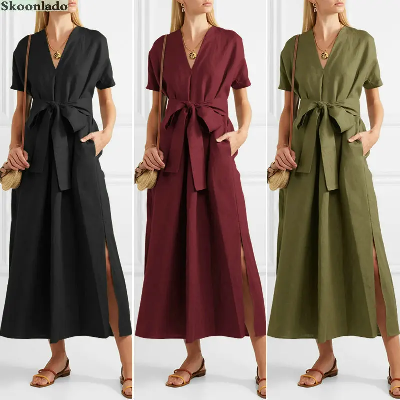 Overseas Size Women Summer Cotton Linen Long Dresses Good Quality