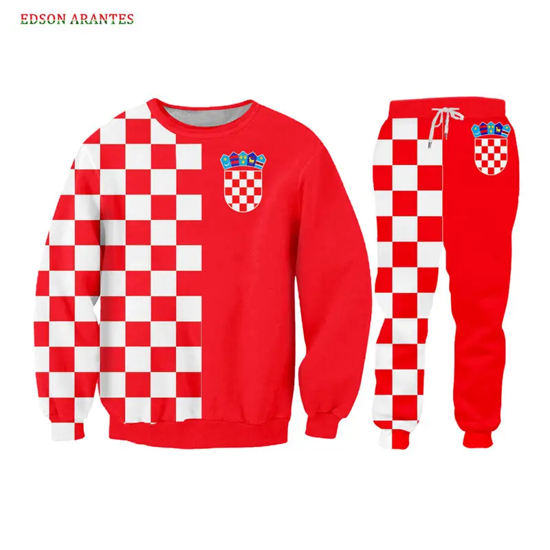 Custom S-6XL Croatia Flag Men's Sportwear Sets Luxury 3d red white Grid Print Zipper Jackets Hoodie T-shirt Tank Joggers Pants (6)