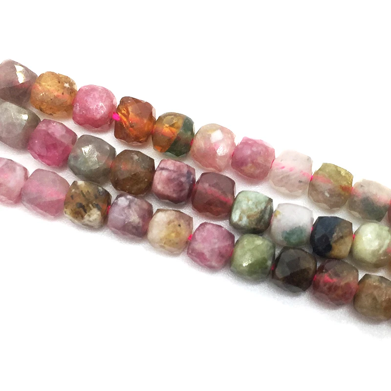 Natural Stone 4mm Colorful Tourmaline Handmade Faceted Cube Loose Beads For DIY Jewelry Making Bracelet Necklace