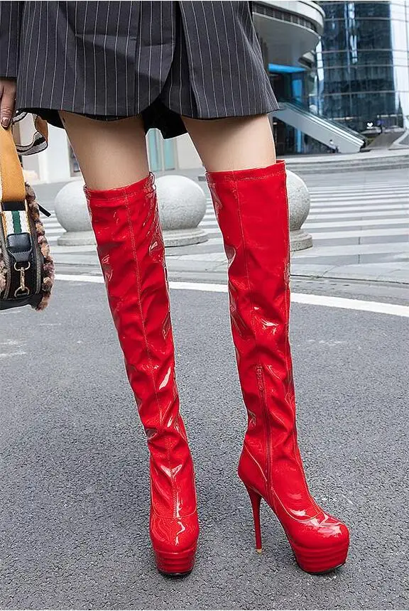 Пикантные красные сапоги до колена на очень высоком каблуке черные сапоги из лакированной кожи европейские и американские танцевальные сапоги для ночного клуба - Цвет: Red