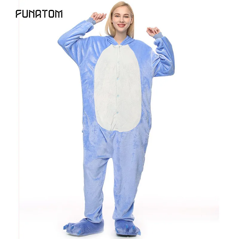 blue stitch Синий слон зимние пижамы животных Жираф Ститч единорог пижамы наборы для женщин мужчин унисекс взрослых фланелевая ночная рубашка с пандой - Цвет: blue stitch