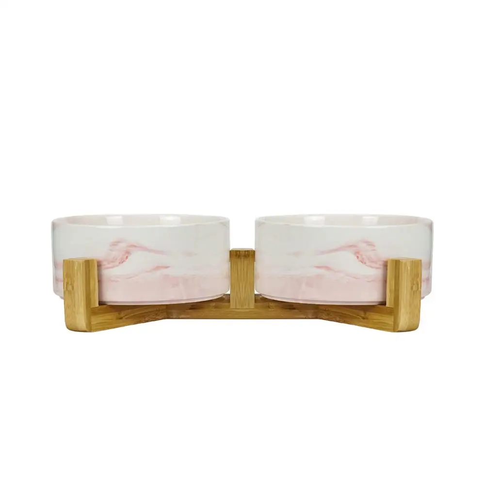 Pink Marble pattern2 Керамический повышенный поднятый миска для кошки с деревянной подставкой без разлива корма для домашних животных Кормушка для воды кошки маленькие собаки - Цвет: Pink Marble pattern2