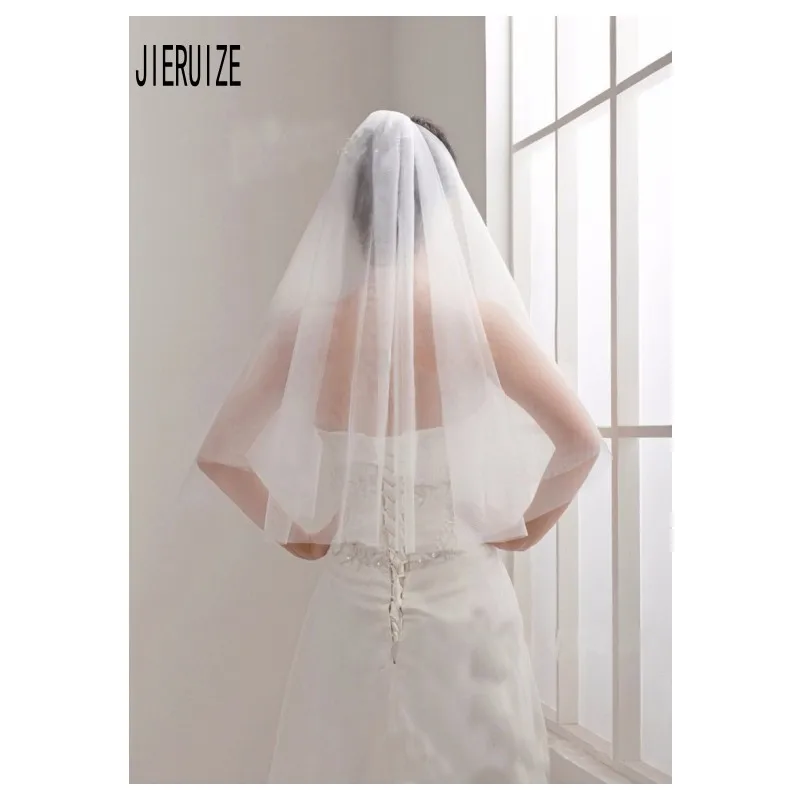 JIERUIZE, модные короткие женские свадебные вуали, два слоя, 75 см, с гребнем, обрезанный край, тюль, свадебная вуаль