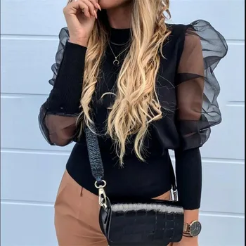 

Women's Casual Shirt New Tulle Ruffles Long Puff Sleeves O Neck Tops Wear Fashion Female Loose Fall Casual Shirt Ladies Pullover