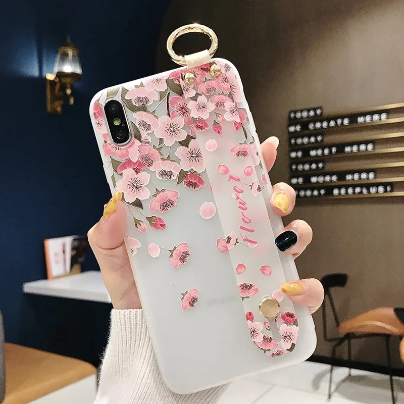 SoCouple Flower Soft TPU Wrist Strap Case For iphone 7 8 6 6s plus X Xs max XR Relief Floral Phone Holder Case Transparent Cover (11)