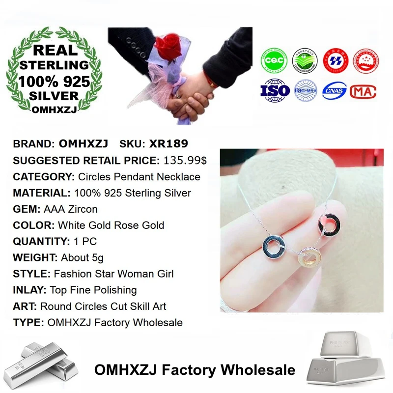OMHXZJ,, XR189, Европейская мода, для женщин, девушек, для вечеринки, дня рождения, свадьбы, подарок, круги, циркон, 925 пробы, серебряное ожерелье