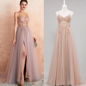 

In Stock Sexy Long Prom Dresses Backless Sweep Train Tulle Beaded Real Picture Celebrity Gowns Robe De Soiree Red Carpet Dresses