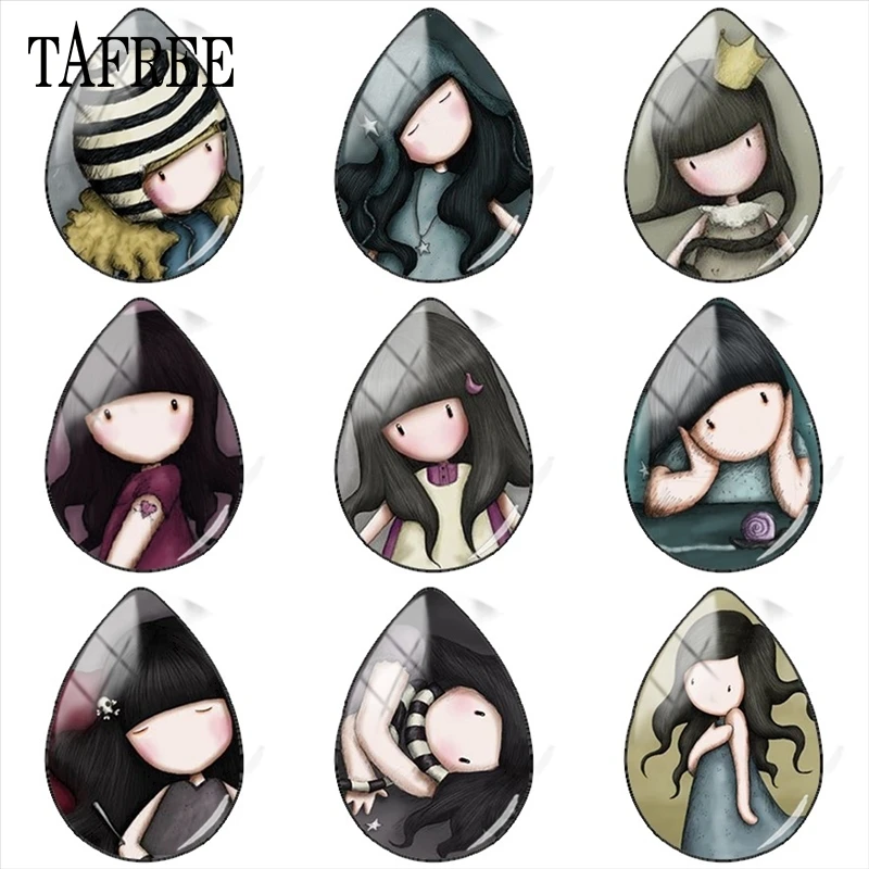 

TAFREE Cartoon Hand Drawn Girl 18x25mm Drop Shape Glass Cabochon Demo Flat Back Making Findings 5pcs/lot