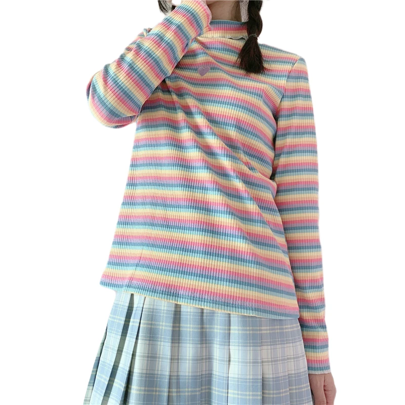 Harajuku/Kawaii футболки с вышивкой в виде сердца; Осенняя Женская водолазка с длинным рукавом в радужную полоску; футболка в Корейском стиле; модные повседневные футболки