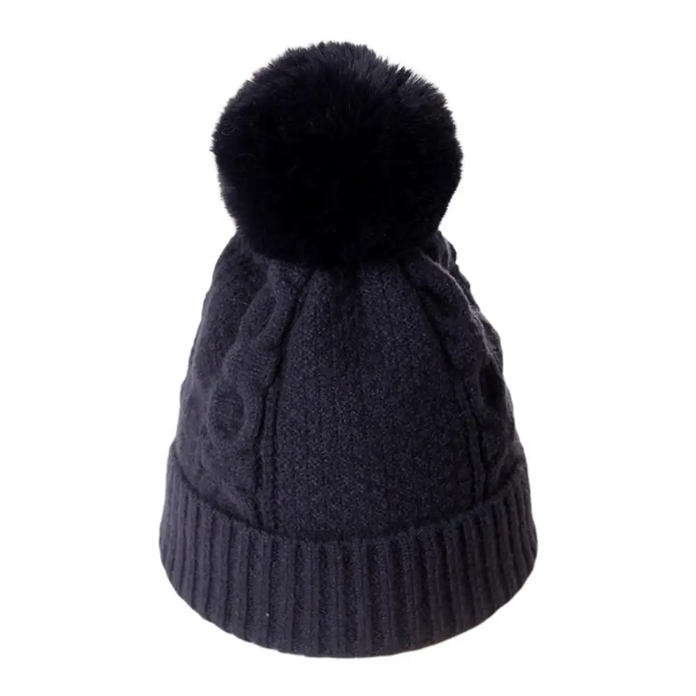Women Cable Knit Beanie Hat with Fluffy Pompom Winter Crochet Cuffed Skull Cap